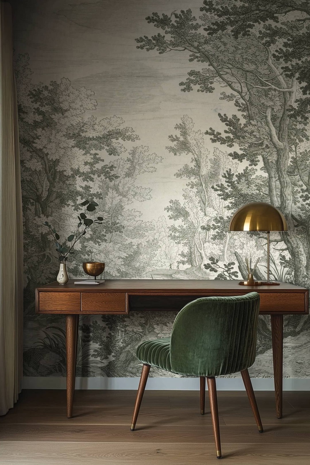 Bureau créatif avec papier peint forêt Le Bois de Jacques, inspiration Renaissance