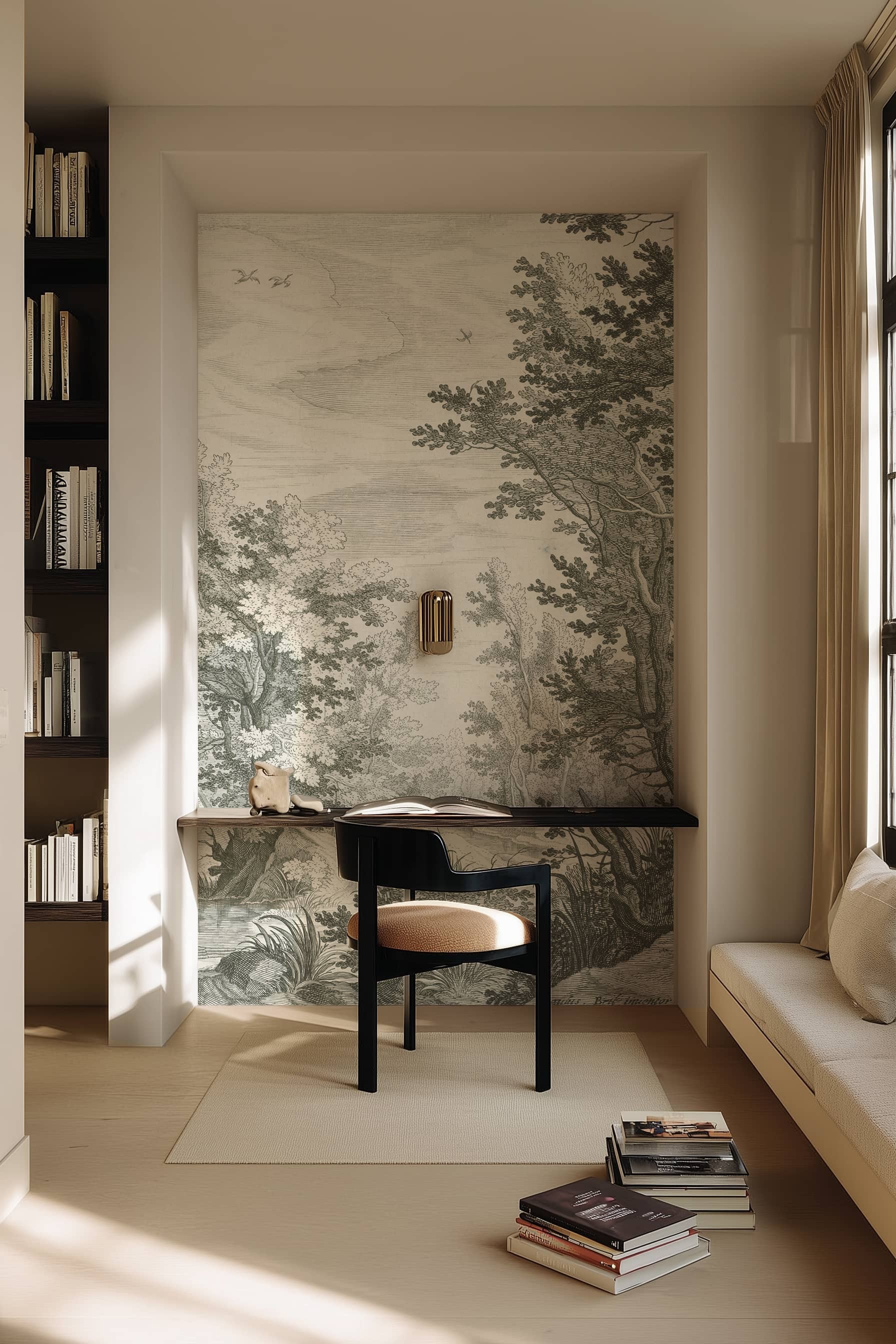 Papier peint Le Bois de Jacques dans salon moderne, ambiance élégante et mystérieuse