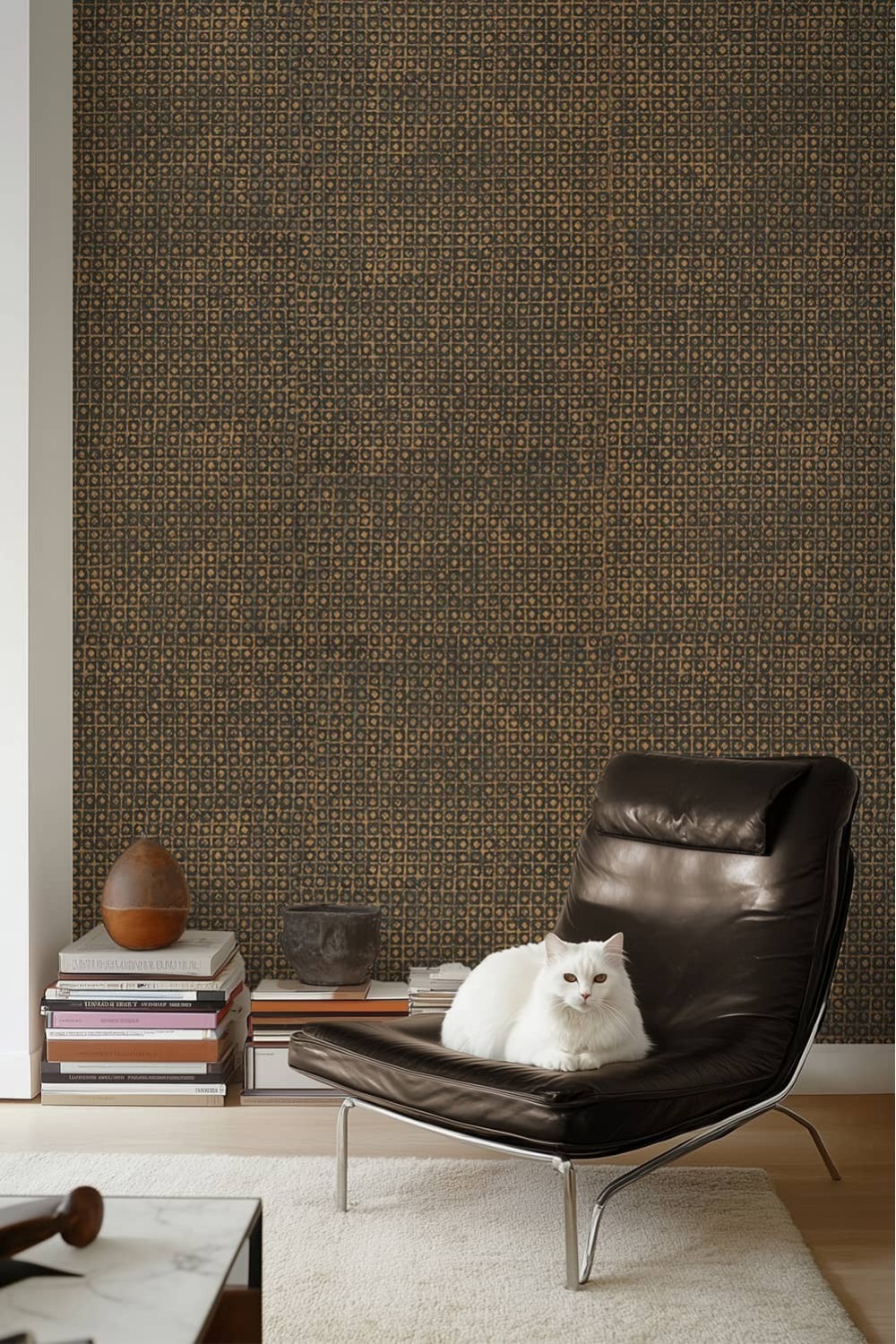 Papier peint sur mesure Batik dans un salon design – Fauteuil, table basse et chat blanc