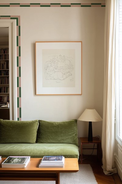 Frise papier peint Jacquard en rose et vert